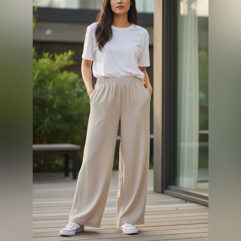 Hilary Radley Women’s Wide Leg Pull-On Crinkle Pants – Medium – Oatmeal – NW
